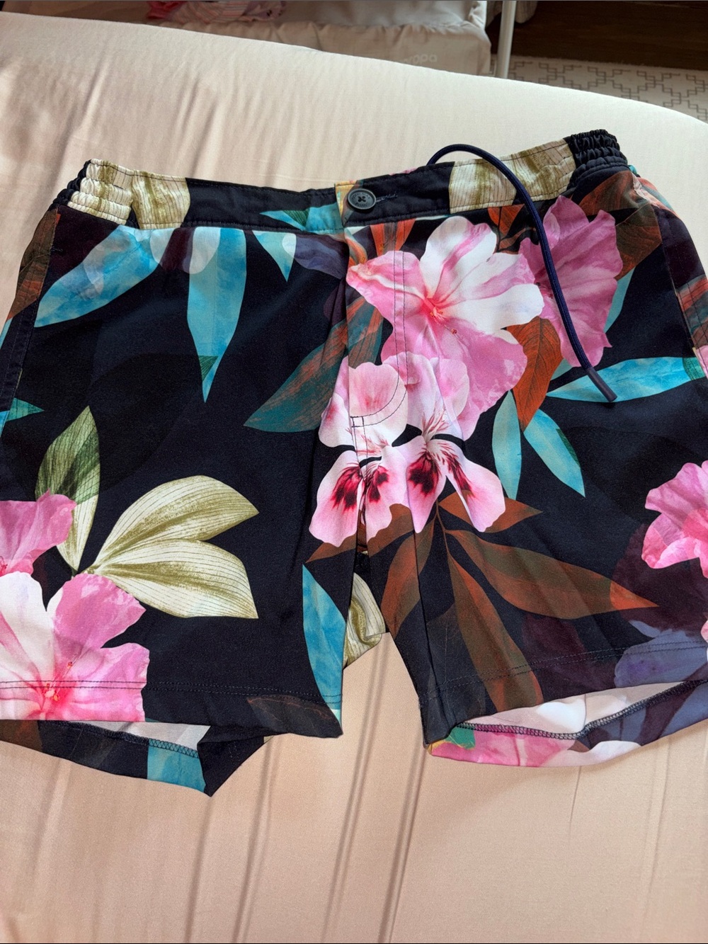 Good Man Brand Black Swim Trunks with Pink Floral Print